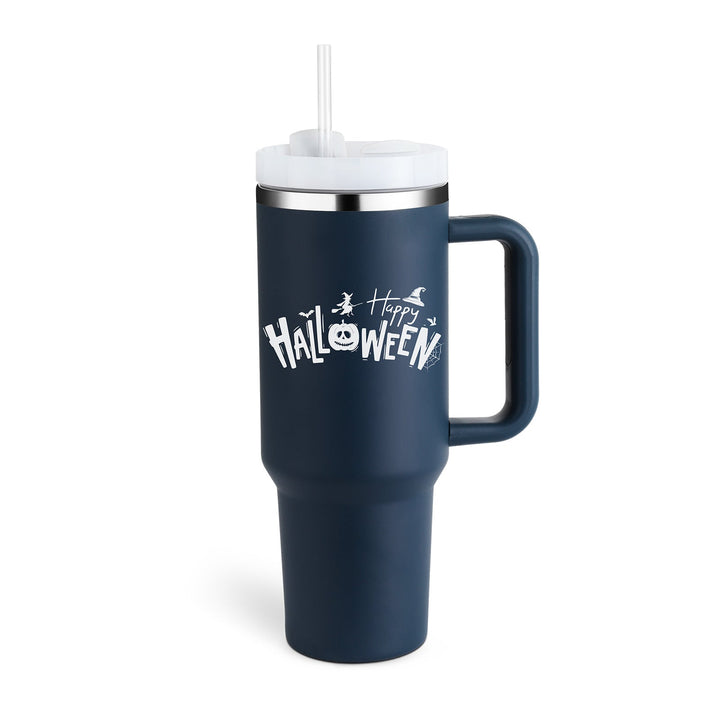 Dunkelblauer Halloween-Thermobecher mit Strohhalm, 40 oz, Edelstahl, isoliert, mit Griff.