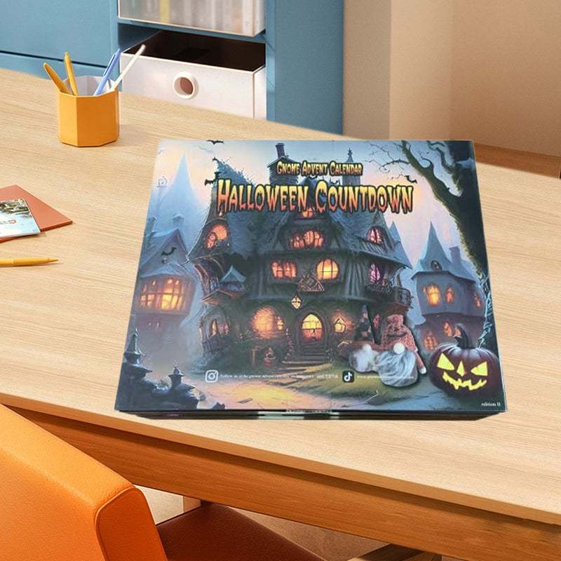 Halloween Countdown Adventskalender auf Tisch, gruseliges Haus, Kürbis, Geschenkidee.