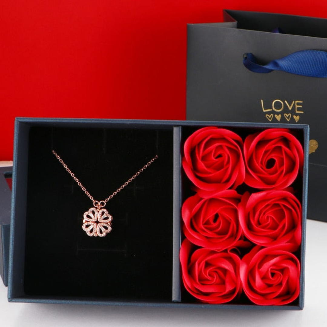 Rosenbox mit Halskette, Geschenkset, rote Rosen, Schmuck, romantisches Geschenk, schwarze Box.