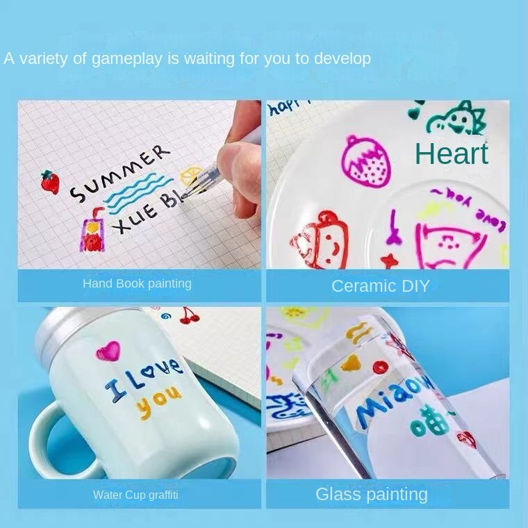 Handbuchmalerei und DIY-Keramik mit bunten Designs auf Tassen und Tellern.