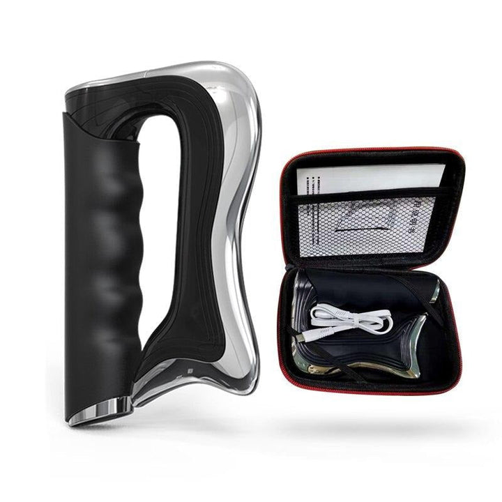 Schwarzer Massagepistolen-Griff mit Zubehörset in Tasche, ergonomisch, tragbar.