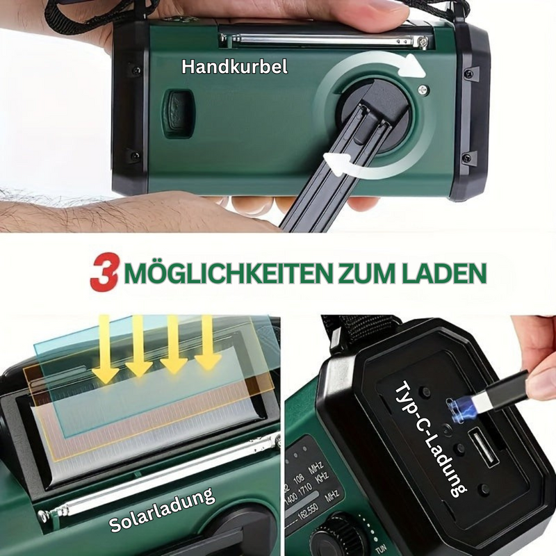 Grünes Notfallradio mit Handkurbel, Solarladung, USB-C-Anschluss, tragbar, multifunktional.
