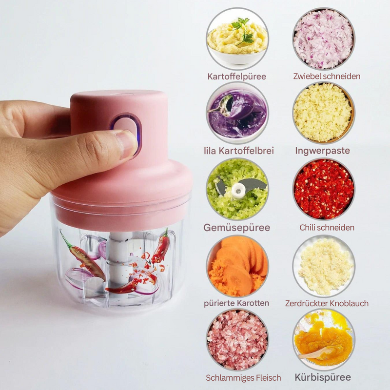 Rosa elektrischer Zerkleinerer für Gemüse und Obst, kompakt, vielseitig, Küchenhelfer.
