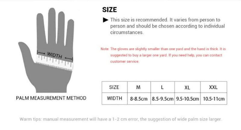 Größentabelle für Handschuhe, Handflächenmessung, Größen M bis XXL, Breite in cm.