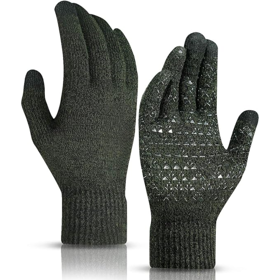 Dunkelgrüne Strickhandschuhe, rutschfest, Touchscreen-kompatibel, Winterbekleidung.