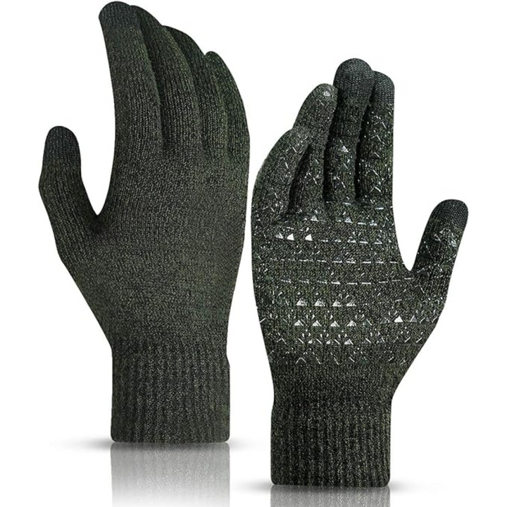 Dunkelgrüne Strickhandschuhe, rutschfest, Touchscreen-kompatibel, Winterbekleidung.