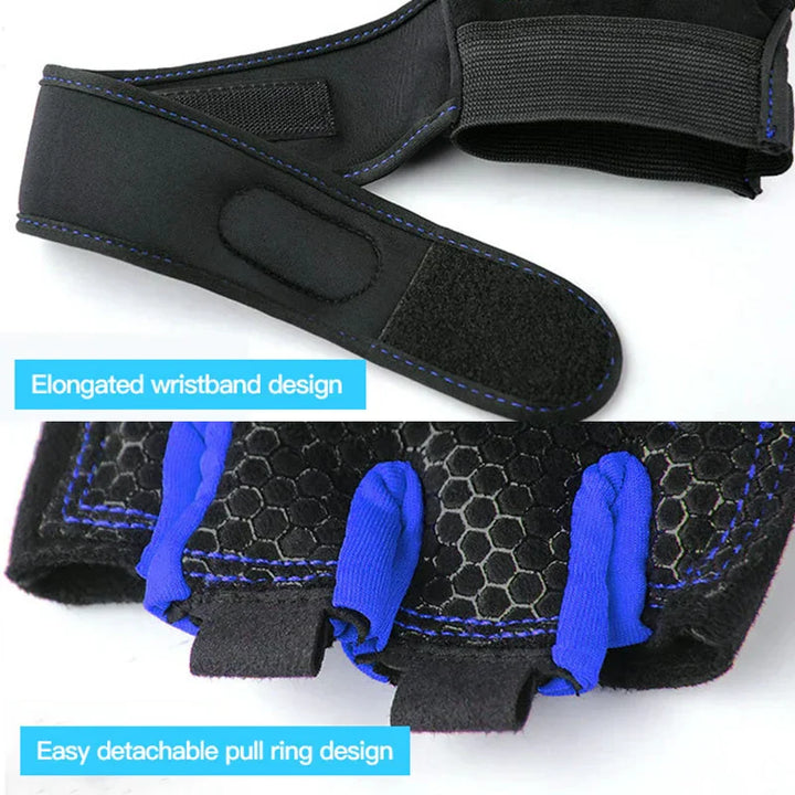 Schwarze Fitnesshandschuhe mit blauen Details, verlängertes Handgelenkband, abnehmbare Zuglaschen.