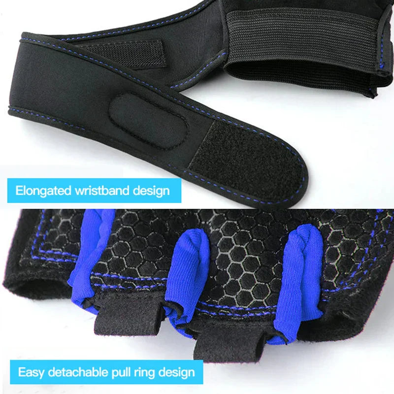 Schwarze Fitnesshandschuhe mit blauen Details, verlängertes Handgelenkband, abnehmbare Zuglaschen.