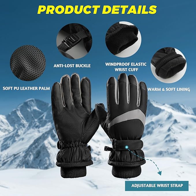 Schwarze Skihandschuhe mit PU-Leder, winddicht, verstellbarer Riemen, warmes Futter.
