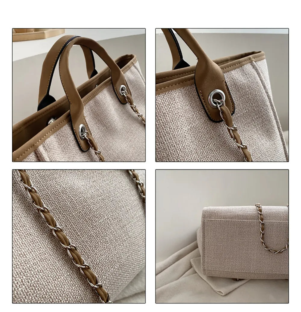 Beige Damenhandtasche aus Leinen mit braunen Ledergriffen und Kettendetails.
