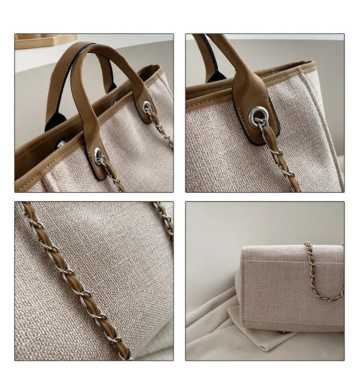 Beige Damenhandtasche aus Leinen mit braunen Ledergriffen und Kettendetails.