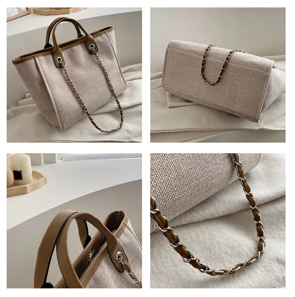 Beige Handtasche aus Leinen mit Kettenriemen, elegantes Design, Damenmode Accessoire.