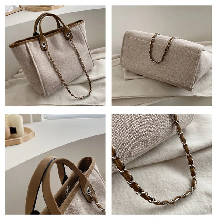 Beige Handtasche aus Leinen mit Kettenriemen, elegantes Design, Damenmode Accessoire.