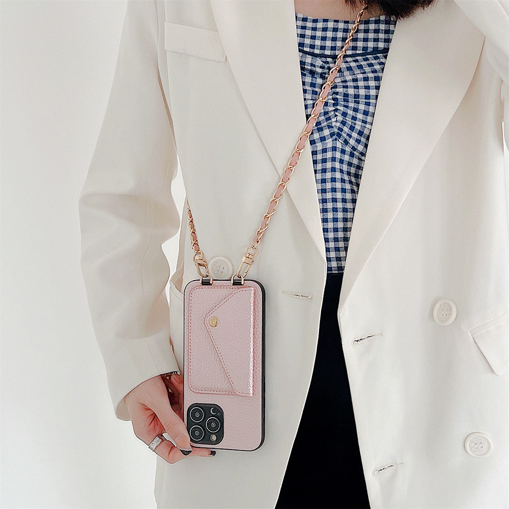 Damen Crossbody Handyhülle, rosa Leder, mit Kartenfach, modisch und praktisch für unterwegs.