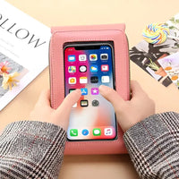 Rosa Smartphone-Tasche mit Touchscreen-Fenster, ideal für iPhone, modisch und praktisch.