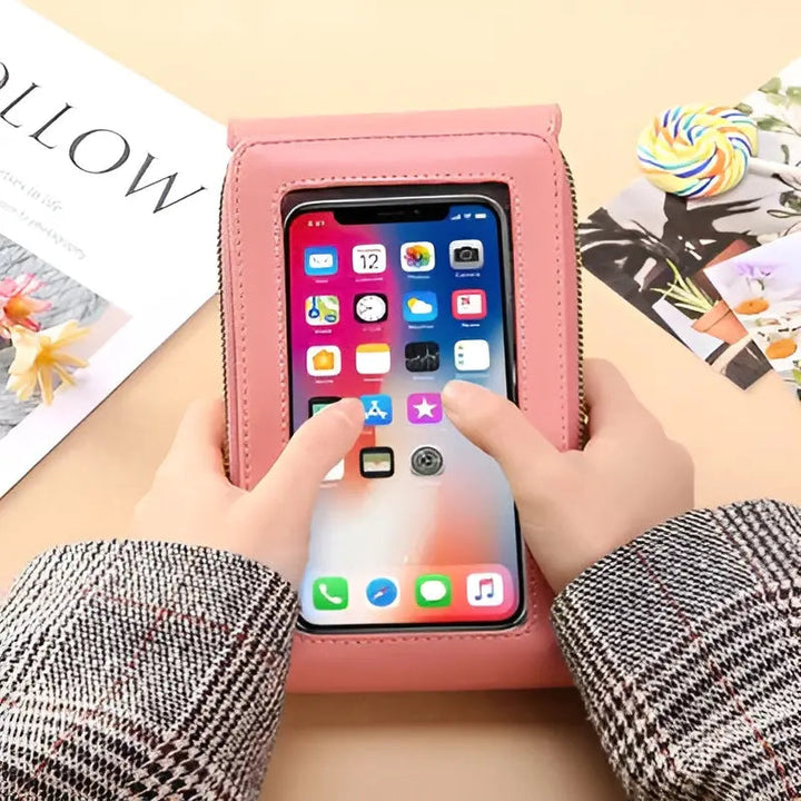 Rosa Smartphone-Tasche mit Touchscreen-Fenster, ideal für iPhone, modisch und praktisch.