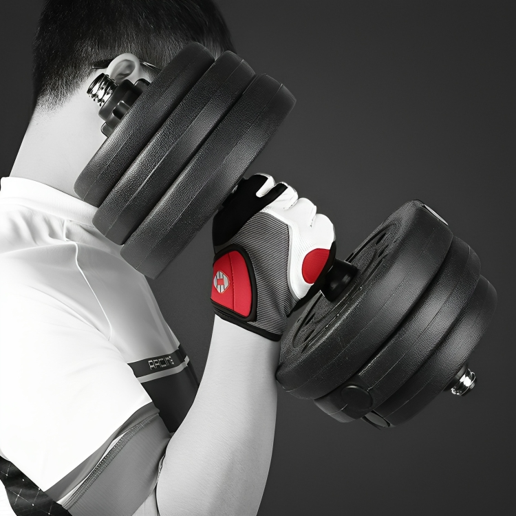 Mann mit Hantel, Fitnesshandschuh, Schwarz-Rot, Krafttraining, Sportausrüstung, Studioaufnahme