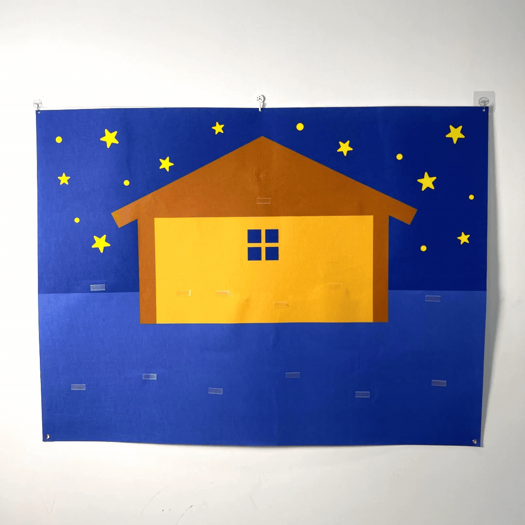 Gelbes Haus auf blauem Hintergrund mit Sternen, Wanddekoration, modernes Design, Kinderzimmer.