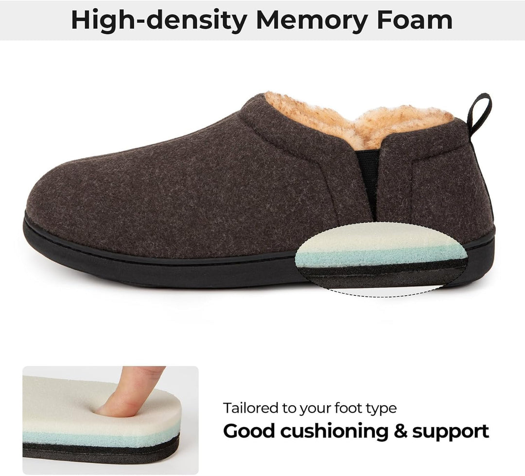 Brauner Hausschuh aus Memory-Schaum, rutschfeste Sohle, warmes Futter, hoher Tragekomfort.
