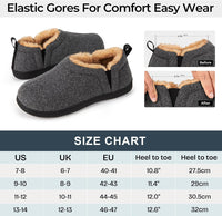 Graue Hausschuhe mit Fleecefutter, elastische Einsätze, rutschfeste Sohle, Größe 7-14.