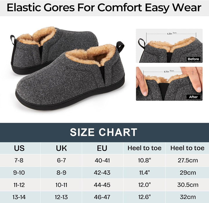 Graue Hausschuhe mit Fleecefutter, elastische Einsätze, rutschfeste Sohle, Größe 7-14.