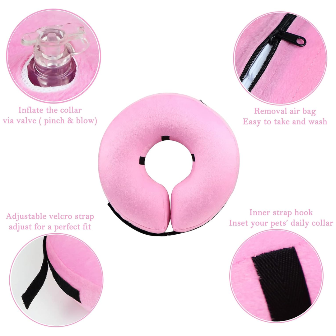 Rosa aufblasbarer Haustierhalskragen, verstellbar, mit Klettverschluss, waschbar, bequem.