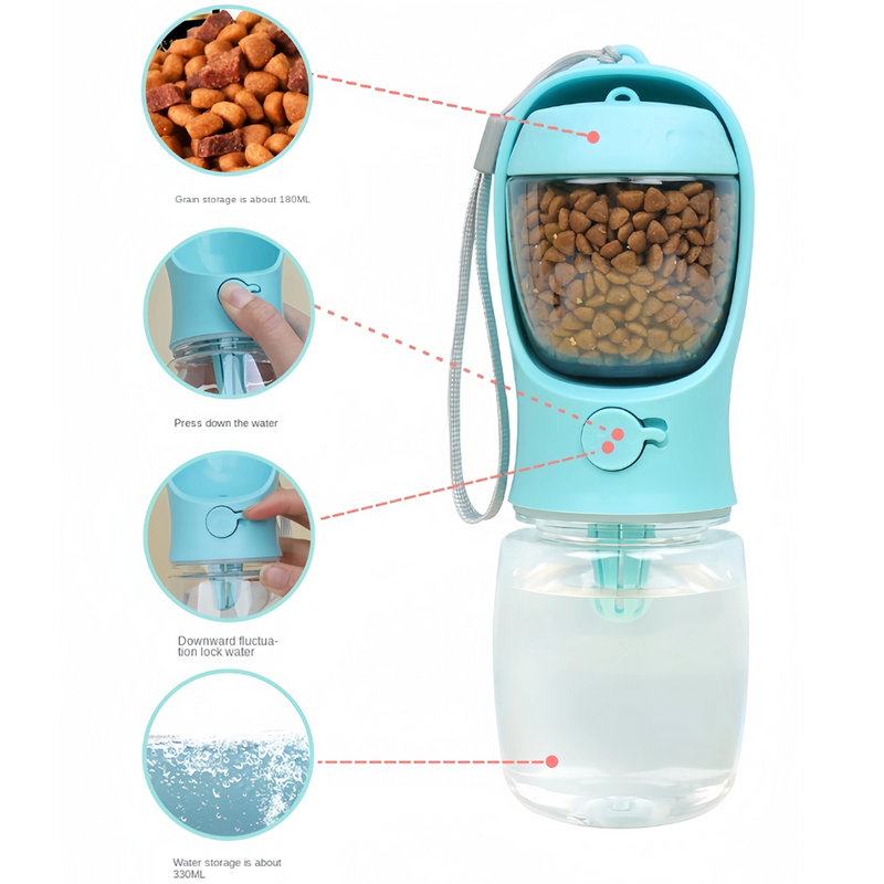 Tragbare Haustier-Wasserflasche mit Futterspender, blau, 330ml, für Hunde und Katzen.