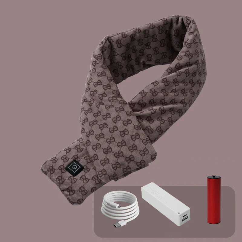Brauner, beheizbarer Schal mit USB-Anschluss, Powerbank und Ladekabel, ideal für kalte Tage.