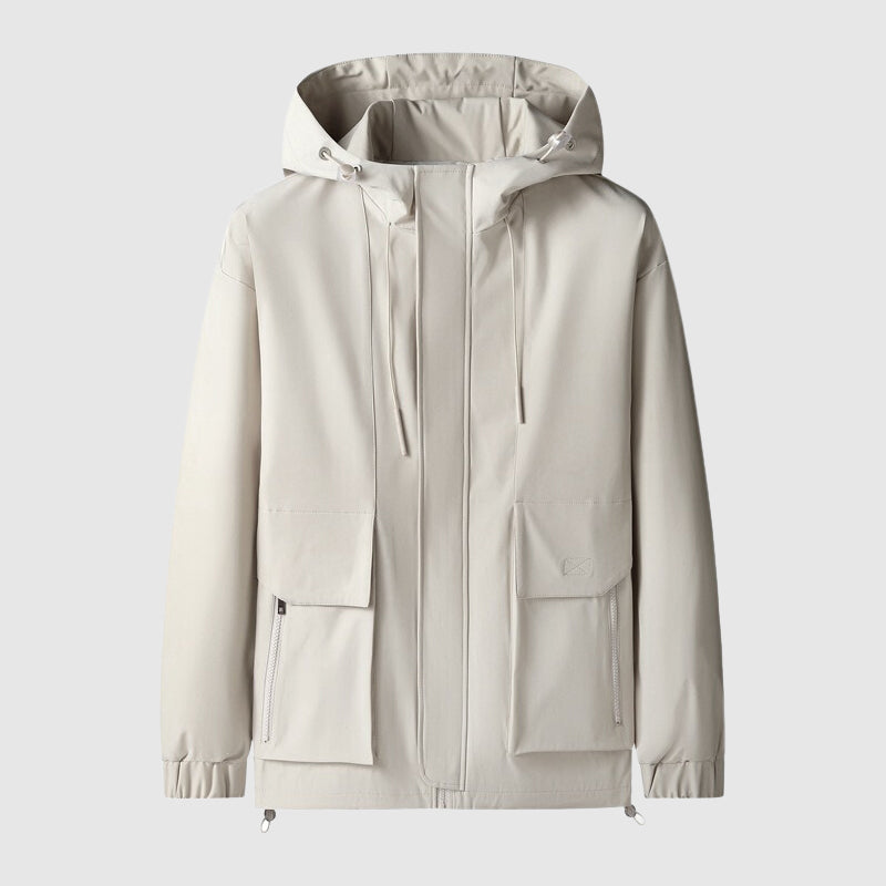 Beige Kapuzenjacke, wasserabweisend, mit Taschen, Reißverschluss, Unisex, Outdoor-Bekleidung.