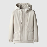 Beige Kapuzenjacke, wasserabweisend, mit Taschen, Reißverschluss, Unisex, Outdoor-Bekleidung.