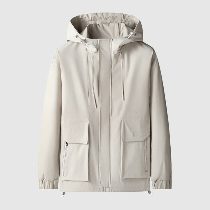 Beige Kapuzenjacke, wasserabweisend, mit Taschen, Reißverschluss, Unisex, Outdoor-Bekleidung.