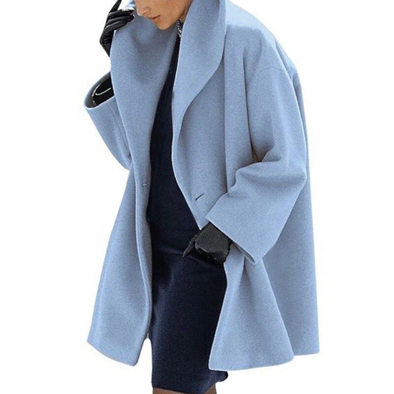 Damen Wollmantel blau, breite Kragen, modisch, elegant, Winterjacke, warme Oberbekleidung.