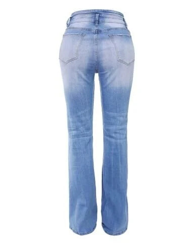 Hellblaue Damen-Jeans, Bootcut, aus Denim, Rückansicht, modisch, bequem, vielseitig.