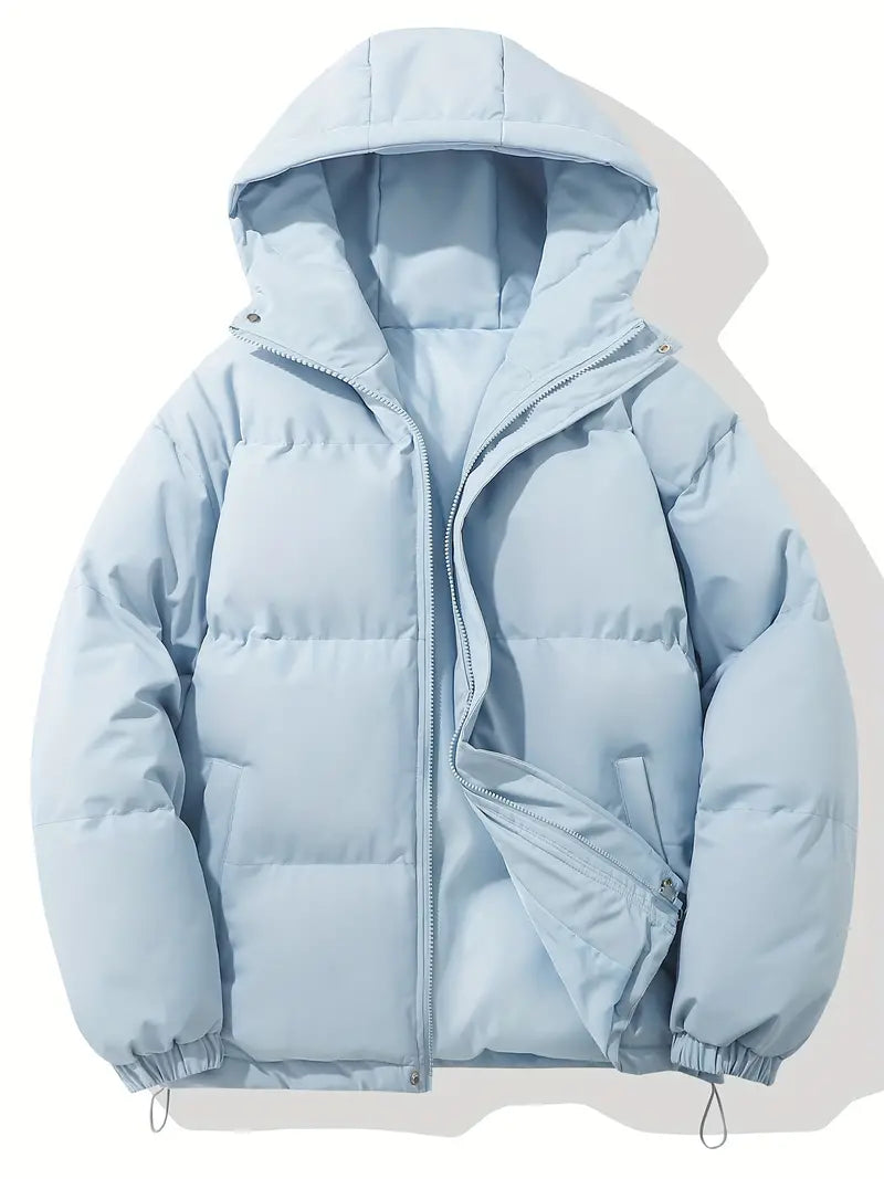 Hellblaue Daunenjacke mit Kapuze, Reißverschluss, Wintermode, warm, unisex, Outdoor-Bekleidung.
