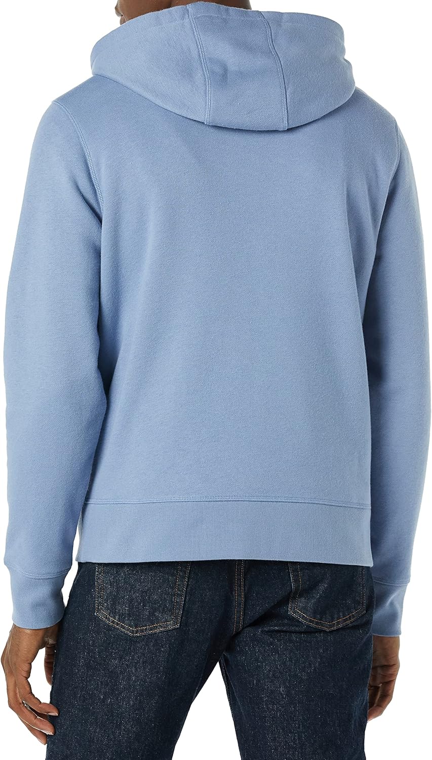 Blauer Kapuzenpullover aus Baumwolle, Herrenmode, lässiger Stil, Rückansicht.