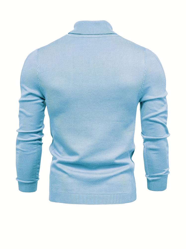 Hellblauer Herrenpullover aus Baumwolle, langärmelig, Rollkragen, modisch.