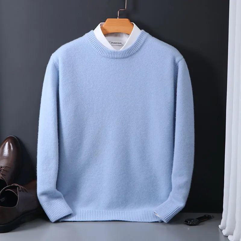 Hellblauer Herrenpullover aus Kaschmir, elegant, warm, ideal für Herbstmode.
