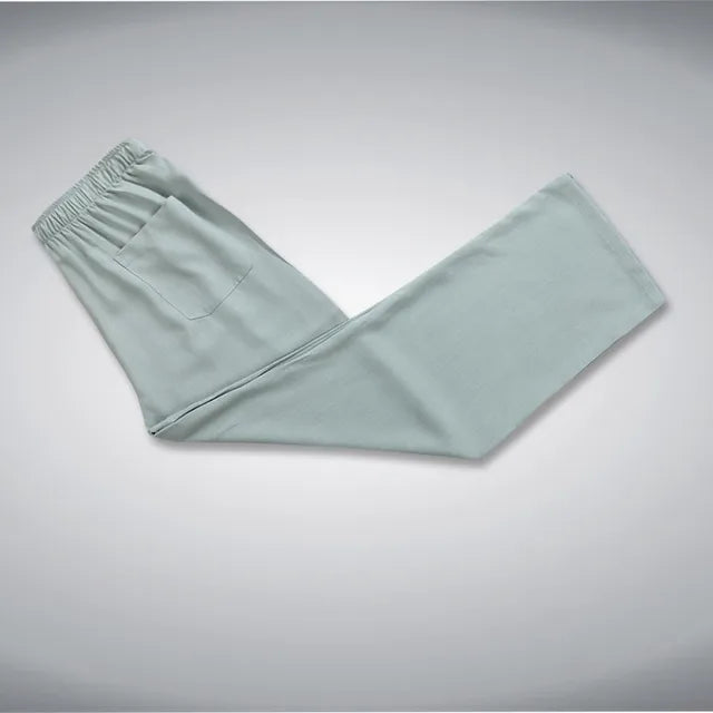 Hellgraue Herrenhose, traditionell chinesisch, elastischer Bund, Baumwolle, Tang-Anzug-Stil.