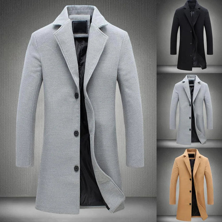 Herren Wintermantel, grau, klassisch, Knopfleiste, elegantes Design, warm, modisch.