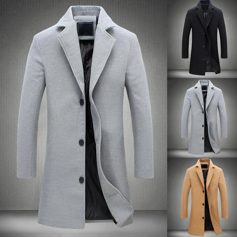 Herren Wintermantel, grau, klassisch, Knopfleiste, elegantes Design, warm, modisch.