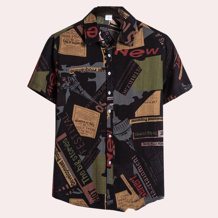 Kurzarmhemd mit Print, schwarz-oliv, Baumwolle, Herrenmode, lässig, Sommerkleidung, Vintage-Stil.