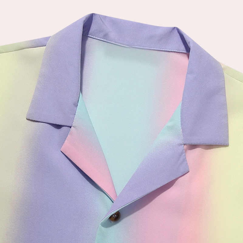 Hemd mit Farbverlauf, lila und rosa, Kurzarm, Knopfleiste, modisch, Unisex, Baumwolle.