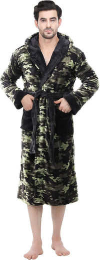 Morgenmantel Herren Camouflage, Fleece, Kapuze, Gürtel, warm, bequem, lang, modisch.