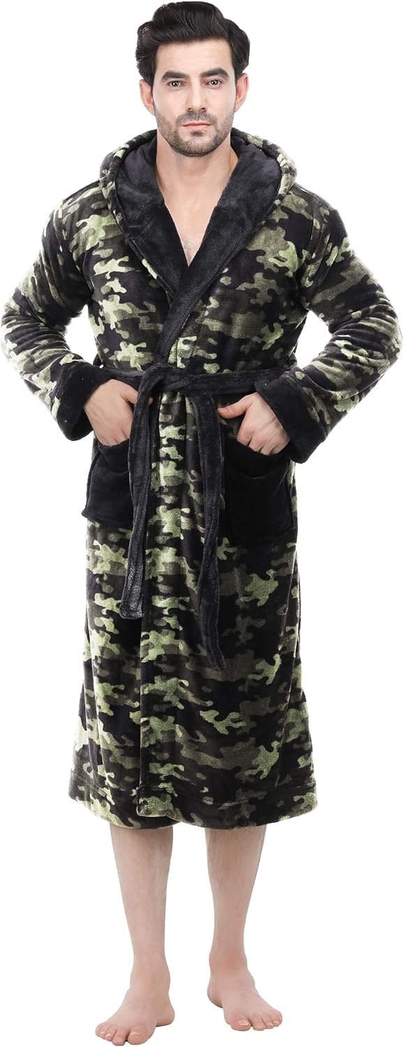 Morgenmantel Herren Camouflage, Fleece, Kapuze, Gürtel, warm, bequem, lang, modisch.