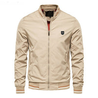 Beige Herrenjacke mit Reißverschluss, modisch, lässig, Frühling Herbst, Baumwolle, Logo.