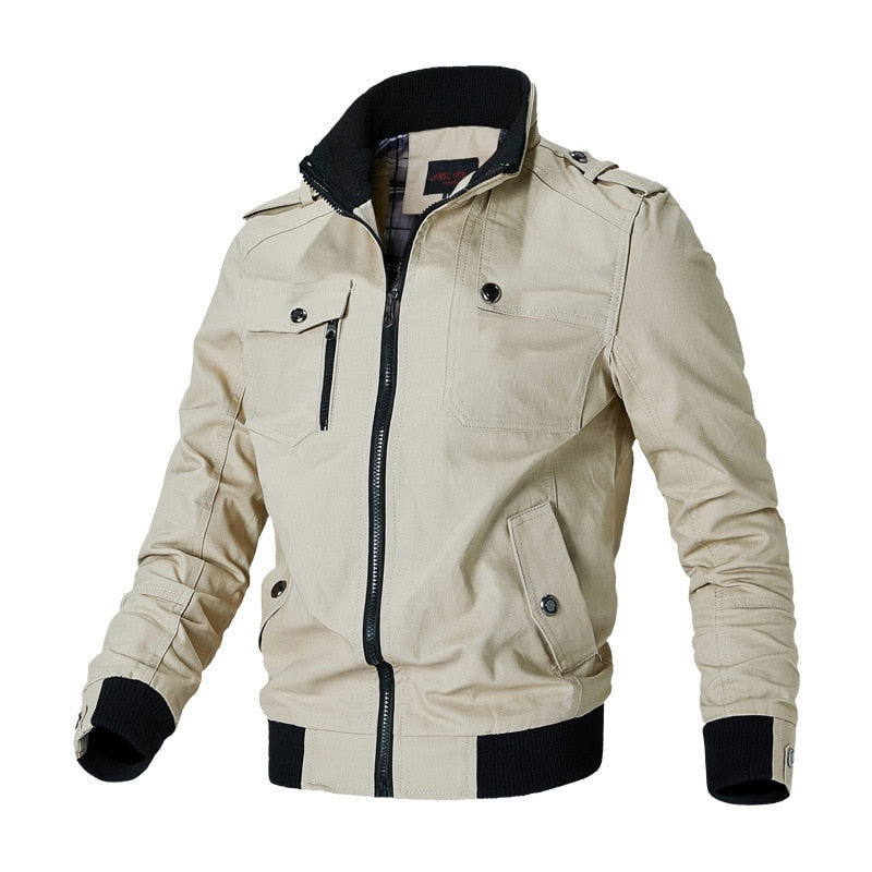 Beige Herren-Bomberjacke, stilvoll, Reißverschluss, Taschen, Baumwolle, modisch, Freizeitkleidung.