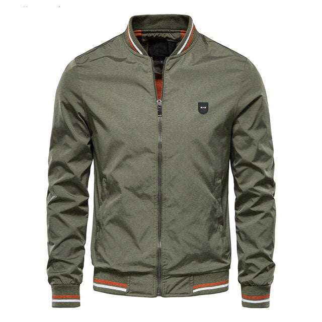 Grüne Herrenjacke mit Reißverschluss, Bomberstil, Freizeitmode, Frühling Herbst, Baumwolle.