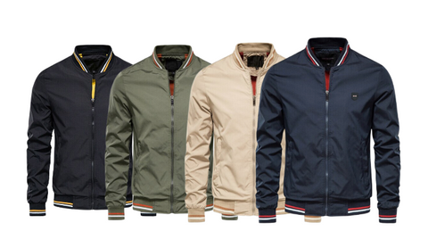 Vier Herren-Bomberjacken in Schwarz, Grün, Beige und Blau mit Reißverschluss und gestreiftem Kragen.