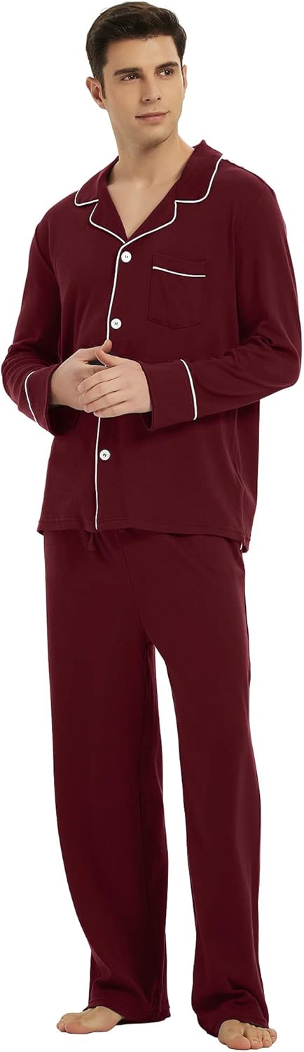 Bordeaux Herren-Pyjama-Set, Langarm, Knopfleiste, Baumwolle, bequem, Nachtwäsche.