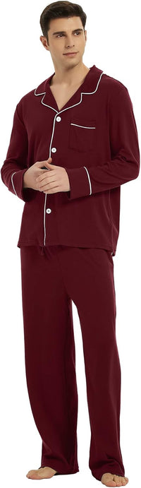 Bordeaux Herren-Pyjama-Set, Langarm, Knopfleiste, Baumwolle, bequem, Nachtwäsche.